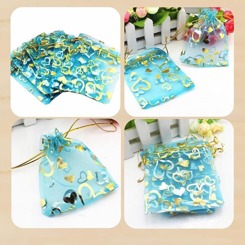 QIANHAILIZZ 100 pcs 3.5 x 4.7 Inch Flower Heart Organza Jewelry Gift Pouch Candy Pouch Drawstring Wedding Favor Bags X92 (A white with gold heart) in Saudi Arabia