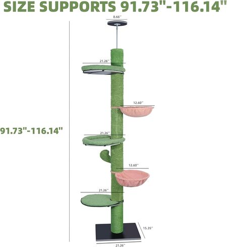 Roypet قابل للتعديل 93 "-116" طويل القامة القط تسلق شجرة 5 طبقات كيتي مركز النشاط من الأرض إلى السقف لعبة متسلق القط مع أرجوحة معلقة وأعمدة الخدش أثاث القطط، رمادي in Kuwait