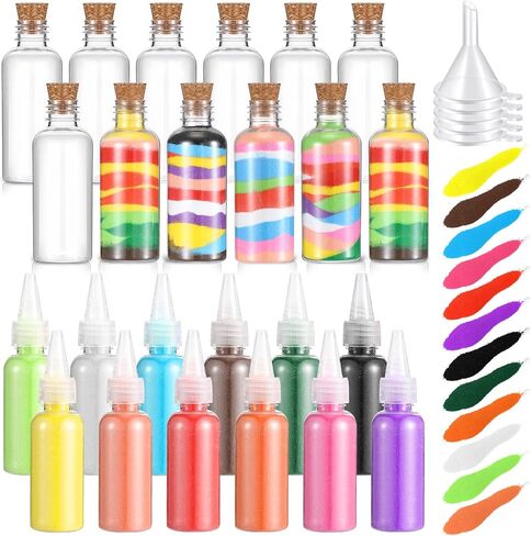 Shappy 12 Pack Sand Art Kits Include 12 Pcs 1.7 oz Plastic Sand Art Bottles, 12 Colored Art Sand, 5 Mini Plastic Funnels for Wedding Birthday Party Decoration Arts Crafts Supplies(Cork Cap) in Saudi Arabia
