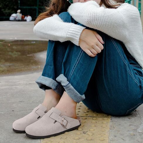 Asgard Women's Suede Clogs Leather Mules Arch Support Potato Shoe with Comfort Cork Footbed Taupe 37 Size 6-6.5 in Saudi Arabia