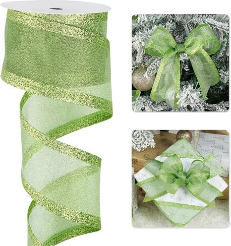 Lime Green Christmas Ribbon Wired 2.5 Inch Metallic Green Wired Ribbon with Glitter Stripe, Lime Green Ribbon for Christmas Tree, Wreaths Supplies, Swag, Garland, Holiday Decor - 10 Yards in Kuwait