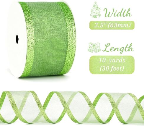 Lime Green Christmas Ribbon Wired 2.5 Inch Metallic Green Wired Ribbon with Glitter Stripe, Lime Green Ribbon for Christmas Tree, Wreaths Supplies, Swag, Garland, Holiday Decor - 10 Yards in Kuwait
