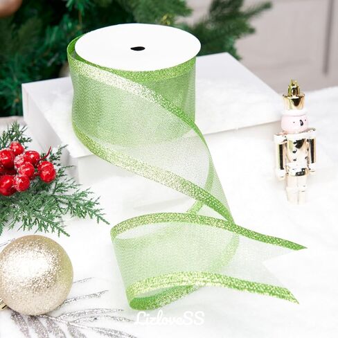 Lime Green Christmas Ribbon Wired 2.5 Inch Metallic Green Wired Ribbon with Glitter Stripe, Lime Green Ribbon for Christmas Tree, Wreaths Supplies, Swag, Garland, Holiday Decor - 10 Yards in Kuwait