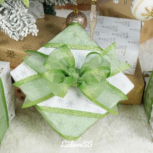 Lime Green Christmas Ribbon Wired 2.5 Inch Metallic Green Wired Ribbon with Glitter Stripe, Lime Green Ribbon for Christmas Tree, Wreaths Supplies, Swag, Garland, Holiday Decor - 10 Yards in Kuwait