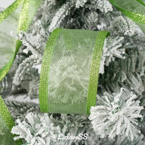 Lime Green Christmas Ribbon Wired 2.5 Inch Metallic Green Wired Ribbon with Glitter Stripe, Lime Green Ribbon for Christmas Tree, Wreaths Supplies, Swag, Garland, Holiday Decor - 10 Yards in Kuwait