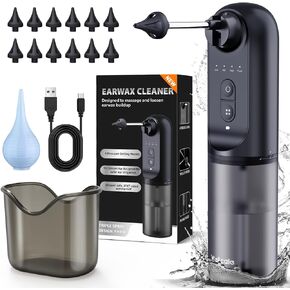 Water Powered Ear Cleaner, Rechargeable Ear Wax Removal Powered- Waterproof, USB Charging, 4 Pressure Settings, Triple Jet Stream - Safe & Effective Waterproof Ear Cleaner w/Basin, Ear Bulb & 12 Tips