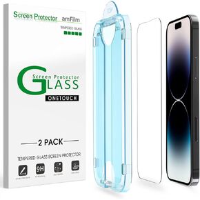 amFilm Screen Protector OneTouch Compatible with iPhone 14 Pro Max 6.7", Dynamic Island Compatible- with Easy Installation Kit, Full Coverage Case Friendly, Tempered Glass, 2 Pack