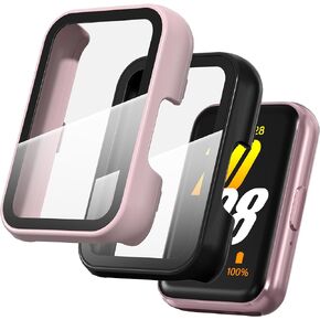 Suoman 2-Pack for Samsung Galaxy Fit3 Case, Full-Coverage Screen Protector Tempered Glass Bumper Cover Case for Samsung Galaxy Fit3 Smartwatch for Women Men -Black+Black