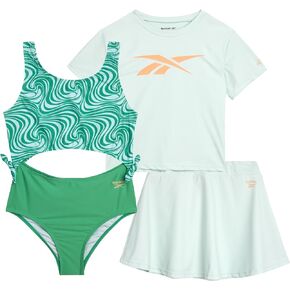 Reebok Girls' Bathing Suit Set - 3 Piece Quick Dry T-Shirt and Skirt with One Piece Cut Out Monokini Swimsuit - Swimwear Set