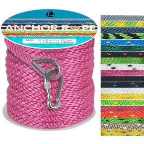 Anchor Rope 50 Ft 3/8 in, Premium Solid MFP Braid Anchor Line with Heavy Duty 316 Stainless Steel Thimble & Snap Hook, Boat Anchor Rope Marine Rope for Anchor and Boat - Black