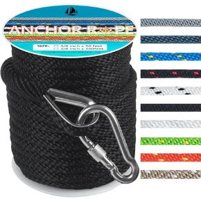 Anchor Rope 50 Ft 3/8 in, Premium Solid MFP Braid Anchor Line with Heavy Duty 316 Stainless Steel Thimble & Snap Hook, Boat Anchor Rope Marine Rope for Anchor and Boat - Black
