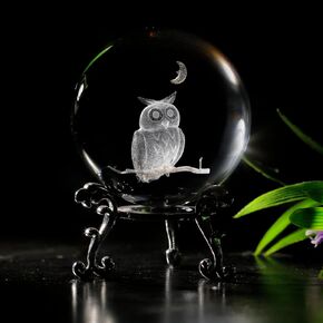 3D Laser Crystal Ball Owl Moon Paperweight Sphere Owl Figurine Statue Wisdom Owl Sculpture with Silver Stand for Home Office Decor Decorative Gift