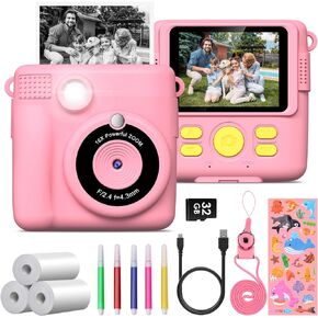 Kids Camera Instant Print, Christmas Birthday Gifts for Boys Girls Age 3-12, 2.4-Inch/1080P Kids Digital Cameras, Portable Travel Toy for 3 4 5 6 7 8 9 10 Year Old Girls (Pink)