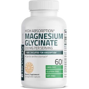 برونسون مغنيسيوم جليسينات 200 مجم لكل جرعة، مخلب 100% لامتصاص عالي، لطيف على المعدة، غير معدل وراثيًا، 60 كبسولة نباتية in Kuwait