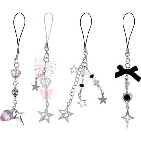 4Pcs Cute Phone Charms, Cell Phone Charms Strap Mobile Phone Pendant Pink Strawberry Butterfly Star Phone Charm Phone Accessories for Phone Bag Keychain Camera Decor