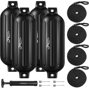 Boat Fenders 4 Pack 10 x 30 Inches Ribbed Twin Eyes Boat Fenders Bumpers for Docking, Comes with Ropes and Pump to Inflate