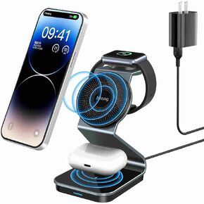 3 in 1 Wireless Charger Stand Aluminum Alloy Mag - Safe Wireless Charging Station Compatible with iPhone 15/14/13/12 Series iWatch AirPods Multiple Devices(Cable and Adapter Included)