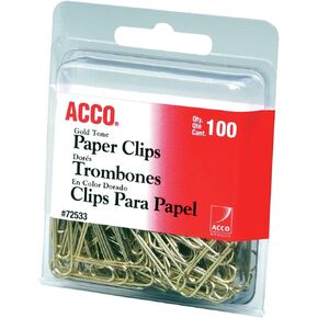 ACCO Brands Paper Clips, Regluar, # 2 Size, Smooth, Gold, 100 Clips/Box (72533)