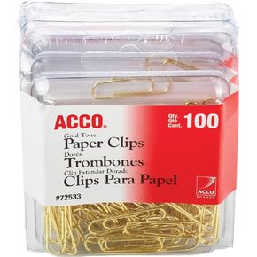 ACCO Brands Paper Clips, Regluar, # 2 Size, Smooth, Gold, 100 Clips/Box (72533)