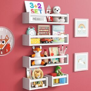 2+2 Floating Nursery Book Shelves for Wall: 2 Long & 2 Mini Shelves, Bookshelf for Kids & Baby Bookshelf, Nursery Book Shelf for Kids Rooms 4-in-1 Walnut