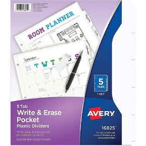 Avery Durable Plastic 5 Tab Write & Erase Dividers for 3 Ring Binders, Slash Pocket, Translucent White, Works with Sheet Protectors, 1 Set (16825)