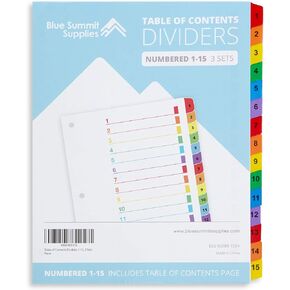 Blue Summit Supplies 15 Tab Binder Dividers for 3 Ring Binder or Notebook, Subject Dividers with Multicolor Numbered Tabs, Includes Customizable Table of Contents Index, 3 Sets