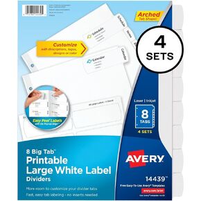 Avery Big Tab Printable Large White Label Dividers with Easy Peel, 8 Tabs, 4 Sets (14439)