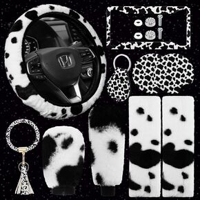 10 Pieces Cow Print Car Accessories Set Cow Fluffy Plush Steering Wheel Cover Shift Cover Handbrake Cover Pad Cup Seat Belt Pad Bracelet Key Chain License Ornament for Women Girl Car Interior (Black)