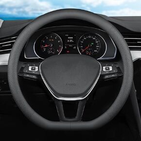 D-Shaped Car Steering Wheel Cover for Volkswagen VW Atlas Tiguan ID.4 Taos Passat Golf Jetta Beetle Polo GTI CC Touareg SE SEL R-line S Cross Sport Accessories, 2024 Leather Black 14 1/2"-15"