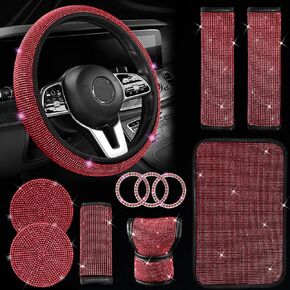 11 Pcs,Bling Car Accessories Set for Women, Steering Wheel Cover for Women Universal Fit 15 Inch, Rhinestone Center Console Cover (Black)