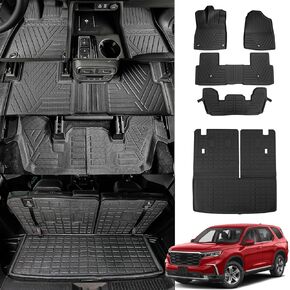 Floor Mats Compatible with 2016-2022 Honda Pilot Trunk Mat Cargo Liner TPE All Weather Back Seat Cover Protector 2021 Pilot 8 Seat Accessories (Trunk Mat with Backrest Mats+Floor Mats)