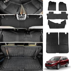 Floor Mats Compatible with 2016-2022 Honda Pilot Trunk Mat Cargo Liner TPE All Weather Back Seat Cover Protector 2021 Pilot 8 Seat Accessories (Trunk Mat with Backrest Mats+Floor Mats)