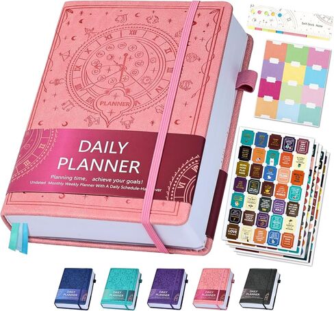 Ospelelf 2025 Leather Undated Daily Planner (5.5 x 8.5''), Weekly & Monthly Life Planner, Organizer Notebook & Productivity Journal. A5 Hardcover with Stickers(Pink) in Kuwait