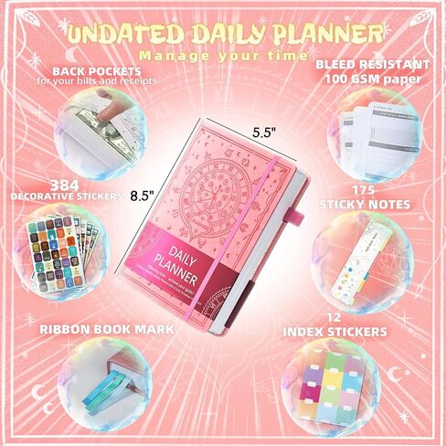 Ospelelf 2025 Leather Undated Daily Planner (5.5 x 8.5''), Weekly & Monthly Life Planner, Organizer Notebook & Productivity Journal. A5 Hardcover with Stickers(Pink) in Kuwait