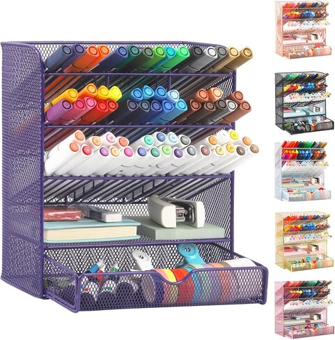 EASEPRES Metal Pen Organizer for Desk, Mesh Multi-Functional Art Supply Pencil Holder with 10 Compartments and 1 Drawer Organization Storage Accessories for Office Home School Workspace, Black in Saudi Arabia