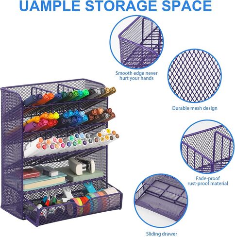 EASEPRES Metal Pen Organizer for Desk, Mesh Multi-Functional Art Supply Pencil Holder with 10 Compartments and 1 Drawer Organization Storage Accessories for Office Home School Workspace, Black in Saudi Arabia
