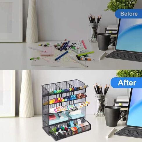 EASEPRES Metal Pen Organizer for Desk, Mesh Multi-Functional Art Supply Pencil Holder with 10 Compartments and 1 Drawer Organization Storage Accessories for Office Home School Workspace, Black in Saudi Arabia
