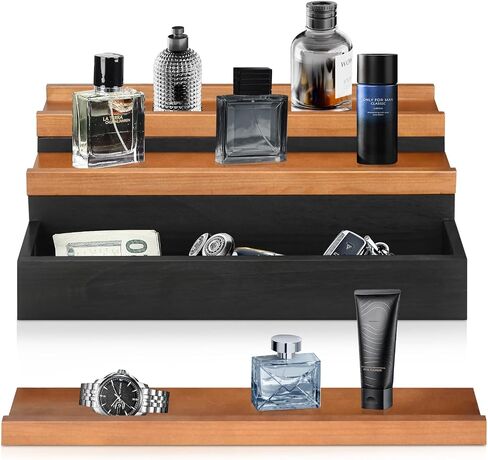 3 Tier Wooden Cologne Organizer for Men, Elevated Cologne Display Shelf with Hidden Compartment for Organizing and Storing Colognes, Key, Jewelry, Stylish Perfume Storage, Great Gift for Man in Saudi Arabia