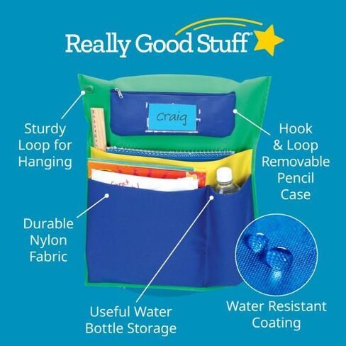 جيوب كرسي متعددة الجيوب من شركة Real Good Stuff مع مقلمة وحامل زجاجة ماء - 6 عبوات - أخضر/أزرق | أساسيات الفصل الدراسي ويجب اقتناؤها، وأكياس مقاعد للطلاب، ومنظم المكتب، وحقيبة التخزين in Saudi Arabia