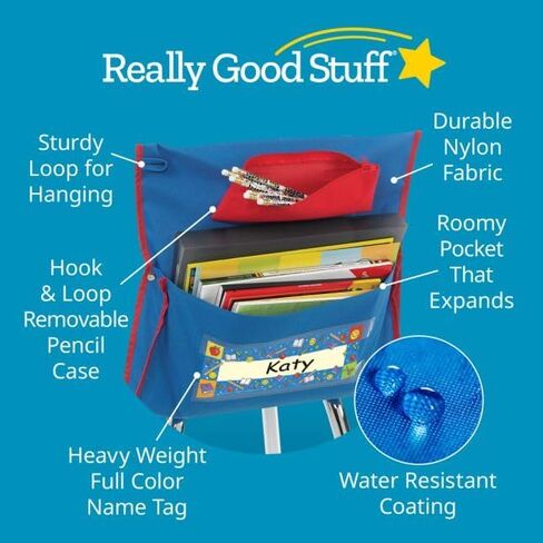 جيوب كرسي متعددة الجيوب من شركة Real Good Stuff مع مقلمة وحامل زجاجة ماء - 6 عبوات - أخضر/أزرق | أساسيات الفصل الدراسي ويجب اقتناؤها، وأكياس مقاعد للطلاب، ومنظم المكتب، وحقيبة التخزين in Kuwait