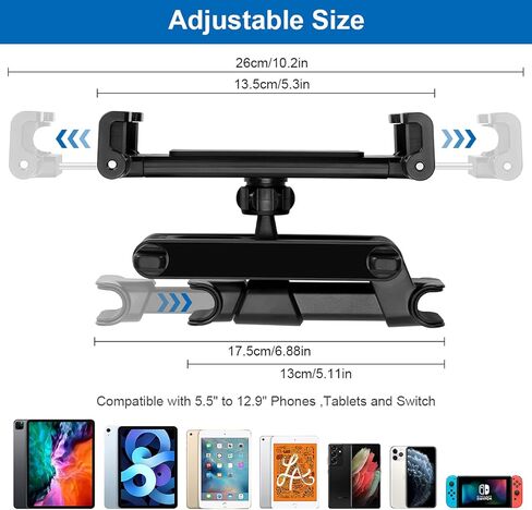 حامل مسند رأس السيارة ELZO، حامل تابلت قابل للتعديل 360 درجة للأجهزة مقاس 5.5 بوصة - 12.9 بوصة، أسود in Kuwait