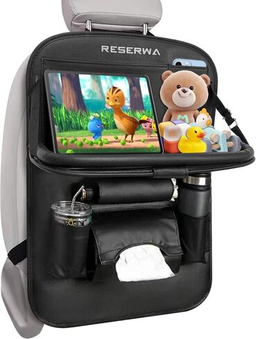 منظم المقعد الخلفي للسيارة من جلد البولي يوريثان مع صينية طاولة قابلة للطي، منظم السيارة مع صندوق مناديل/كوب/حامل مظلة، سجادات منظم المقعد الخلفي للسيارة، استخدام عالمي لإكسسوارات السفر للأطفال في السيارة in Kuwait