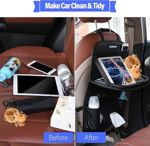 منظم المقعد الخلفي للسيارة من جلد البولي يوريثان مع صينية طاولة قابلة للطي، منظم السيارة مع صندوق مناديل/كوب/حامل مظلة، سجادات منظم المقعد الخلفي للسيارة، استخدام عالمي لإكسسوارات السفر للأطفال في السيارة in Kuwait