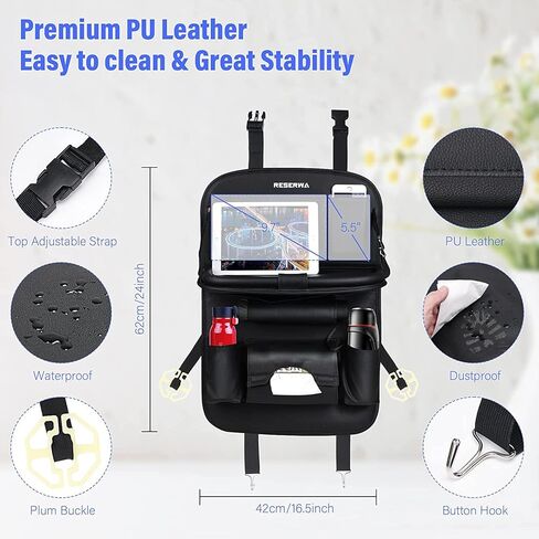 منظم المقعد الخلفي للسيارة من جلد البولي يوريثان مع صينية طاولة قابلة للطي، منظم السيارة مع صندوق مناديل/كوب/حامل مظلة، سجادات منظم المقعد الخلفي للسيارة، استخدام عالمي لإكسسوارات السفر للأطفال في السيارة in Kuwait