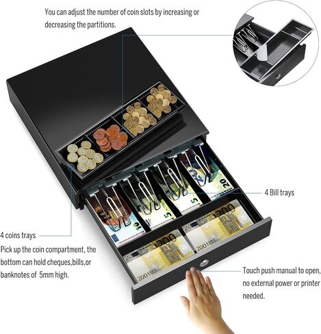 درج نقود 14 بوصة، فولاذ ثقيل، صينية 4 أوراق نقدية و4 عملات معدنية - قفل مفتوح بمفتاح، فتح يدوي بالدفع in Kuwait