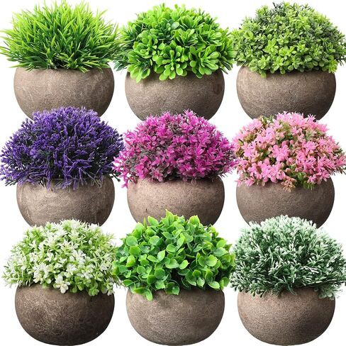 9 Pcs Fake Plants Small Artificial Faux Greenery Mini Faux Plants Indoor Plastic Topiary Shrubs with Gray Pot Green Grass Potted Plants for Bathroom Desk Home Office Decor House decor in Saudi Arabia