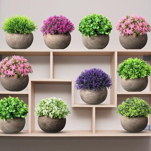 9 Pcs Fake Plants Small Artificial Faux Greenery Mini Faux Plants Indoor Plastic Topiary Shrubs with Gray Pot Green Grass Potted Plants for Bathroom Desk Home Office Decor House decor in Saudi Arabia