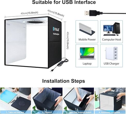 OBEST 16"x16"/40cm Light Box Photography, Portable Photo Studio Box for Small Product Photography, High CRI＞95 6500K 20W with 6PVC Backdrops & Diffuse Cloth & 112 LED Lights Dimmable (White,Soft,Warm… in Kuwait