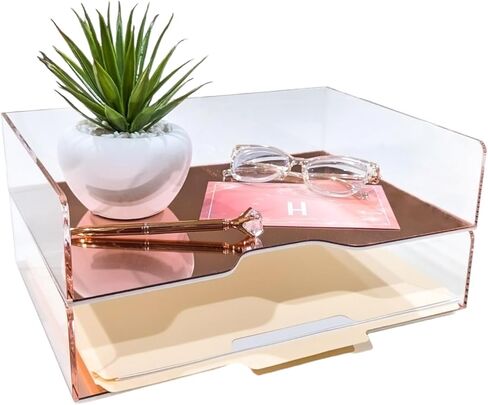 Rose Gold Mirror 2 Pack - Acrylic Stackable Mirror Letter Tray, Clear Paper Organizer for Office, Vanity - Desk Workspace Organizers and Accessories, File Holder, Stacking Desktop Organization in Saudi Arabia