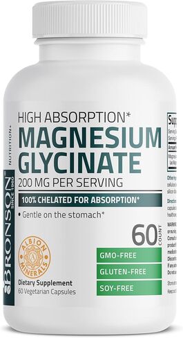 برونسون مغنيسيوم جليسينات 200 مجم لكل جرعة، مخلب 100% لامتصاص عالي، لطيف على المعدة، غير معدل وراثيًا، 60 كبسولة نباتية in Kuwait